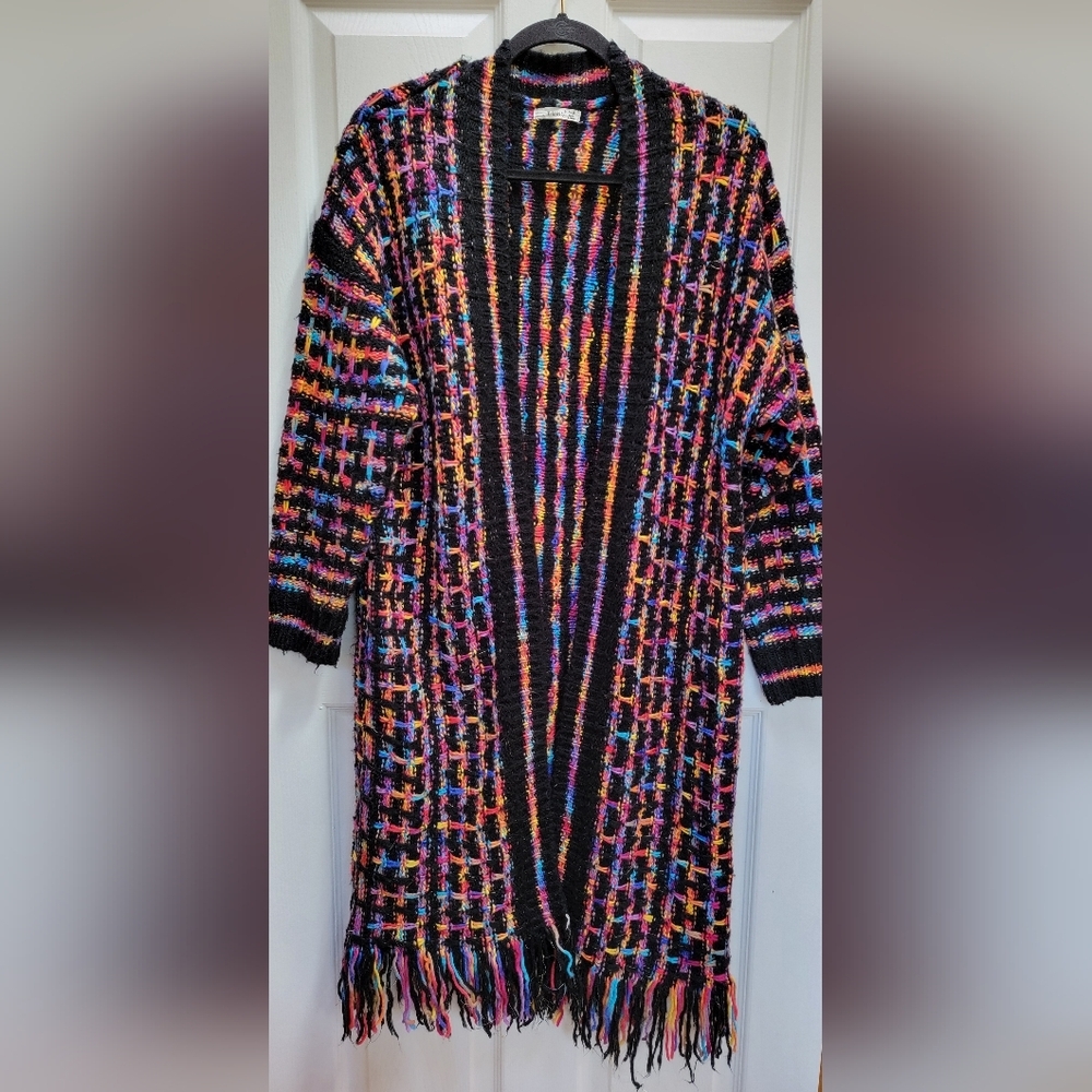 Timing Multicolor Knit Open Front Long Cardigan Sweater With Fringe Hem Size S/M